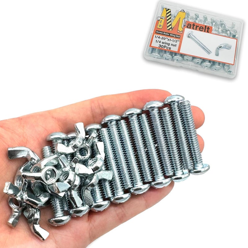 Matrelt 30Pack 1/4"-20 x1-1/2 Screw Bolts and Wing Nut Kit 15pcs Machine Screws with Round Head Phillips 15pcs Butterfly Hand Twist Tighten Nut Zinc Plated Hardware Fitting Fastenings Assortment Kit - Image 1